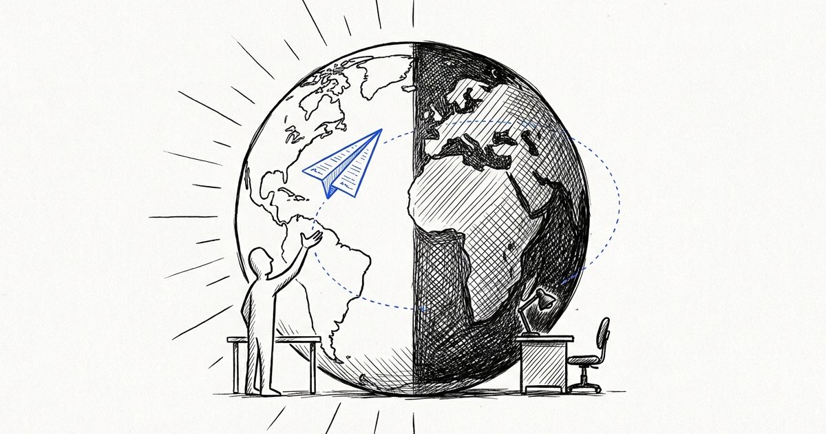 A figure reaching for a blue paper plane whose dotted route circles a half-lit globe