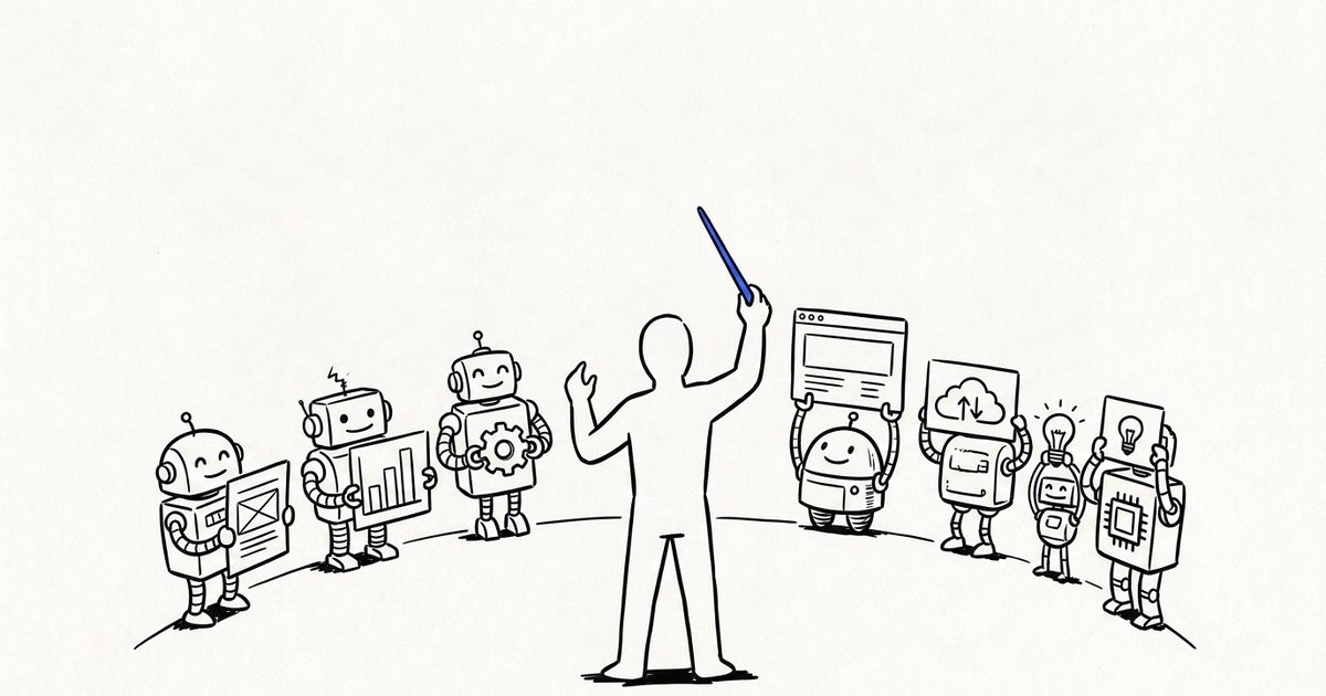 A person conducting a semicircle of robot helpers holding documents, charts, and gears